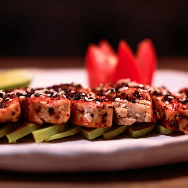 Seared tuna slices with sesame seeds and spices, served over avocado slices with red garnish.